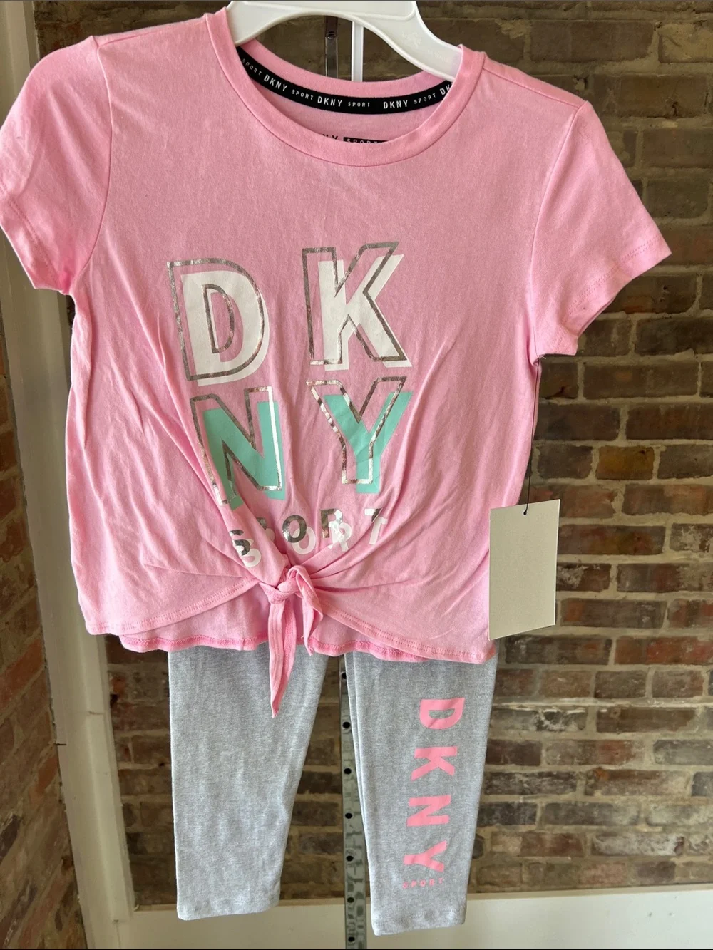 DKNY Pink Tie-Front Top with Gray Leggings Kids Pajama Set